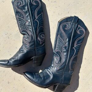 Vintage Larry Mahan Navy Leather Cowboy Boots